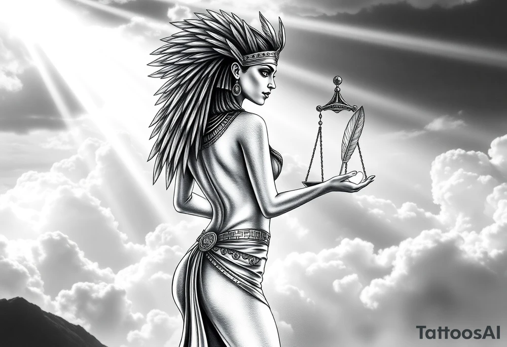 A sensual, curvaceous Egyptian goddess stands with her back slightly turned, accentuating her figure. She wears an elaborate ostrich feather headdress and ornate, intricate ancient Egyptian jewelry draped across her body. Her expression is mysterious and confident. In one hand, she holds the Scales of Justice: one side holds a radiant, glowing heart; the other, Ma’at’s feather. The scales themselves shimmer with an otherworldly light.
The background is a surreal, heavenly landscape filled with luminous clouds and beams of divine light piercing through, creating dramatic contrasts of deep shadows and highlights. The entire scene is bathed in an ethereal, mystical glow, with a dreamlike, almost supernatural atmosphere. tattoo idea