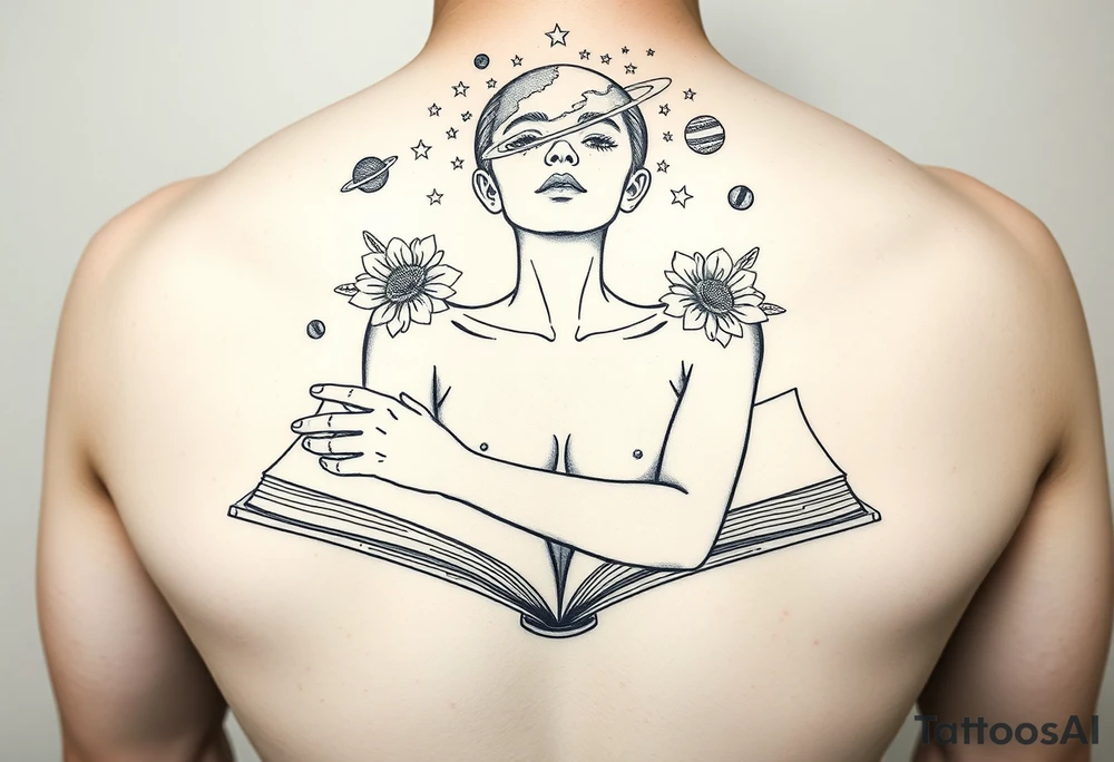 line art drawing of a womans torso coming from an open book. with stars, flowers and planets coming from her head above her nose with no facial features. her arms are crossed onto her shoulders like she is giving herself a hug, no breasts showing tattoo idea