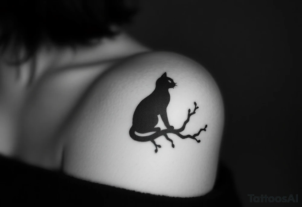 a cats sillhouette siting on a tree in the moon light tattoo idea