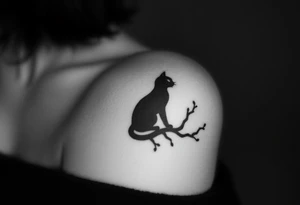 a cats sillhouette siting on a tree in the moon light tattoo idea