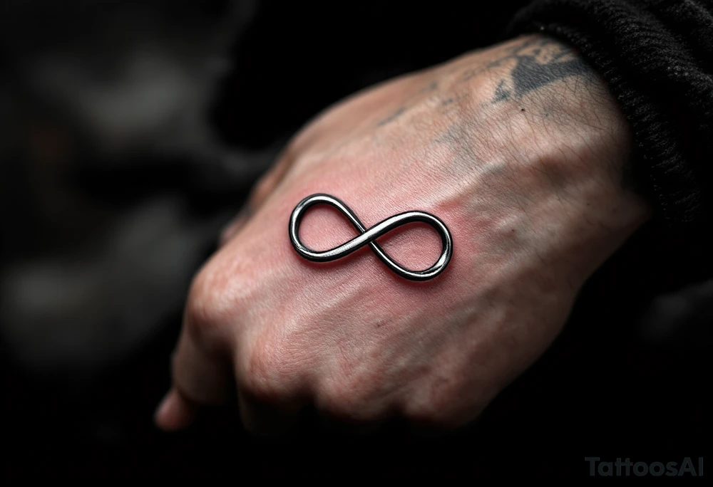 delicate silver infinity symbol, lightly shaded for a 3D metallic effect, symbolizing strength and eternity. tattoo idea
