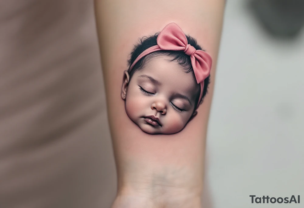 A portrait-style tattoo of a sleeping baby girl’s face, realistic shading in grayscale with a pink bow headband as the only color. tattoo idea