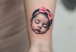 A portrait-style tattoo of a sleeping baby girl’s face, realistic shading in grayscale with a pink bow headband as the only color. tattoo idea