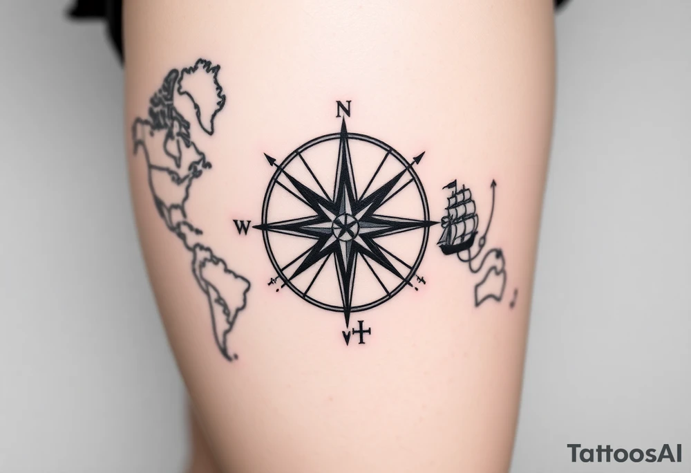 antique compass rose overlaid on weathered world map with sailing ships tattoo idea