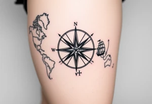 antique compass rose overlaid on weathered world map with sailing ships tattoo idea
