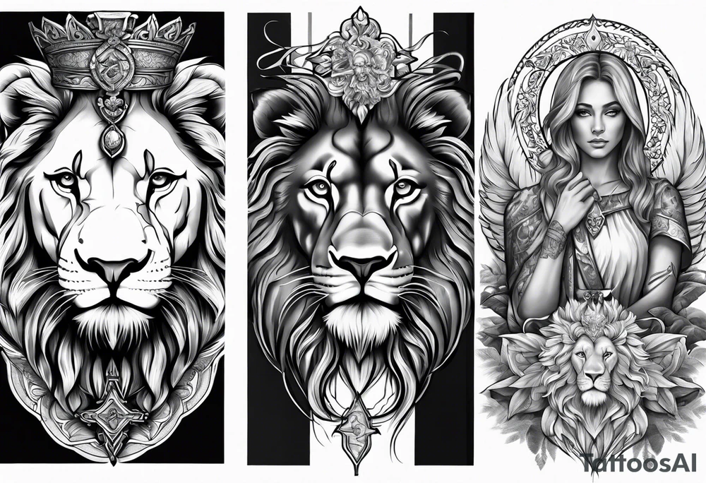 Full sleeve with Lion, cross, praying hands, Scarlett, Faith, angels gods tattoo idea