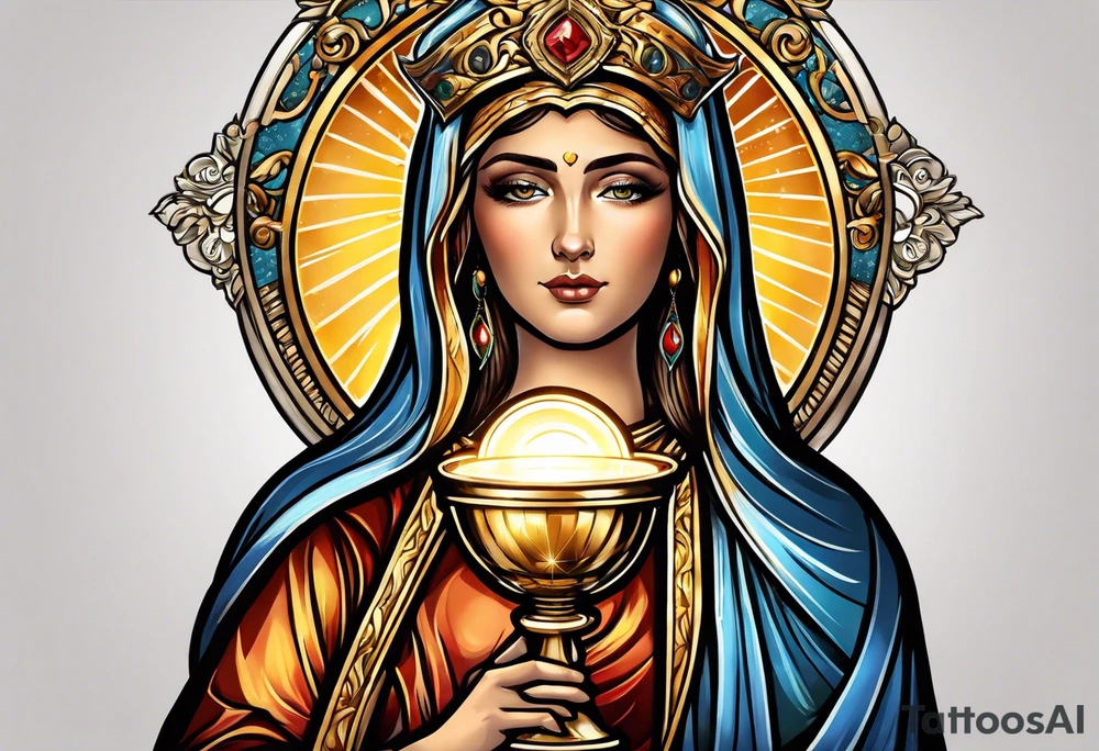 holy saint woman with golden halo holding a chalice tattoo idea