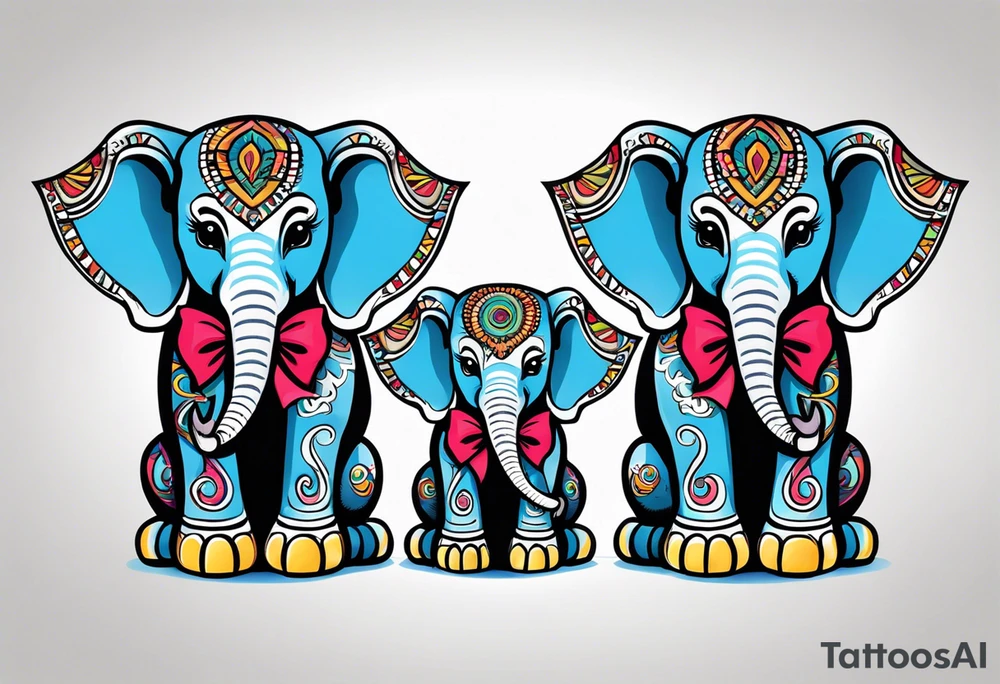 Mama tribal elephant facing forward. 2 girl baby elephants with bows sitting down and 1 baby boy elephant with bow tie sitting down tattoo idea