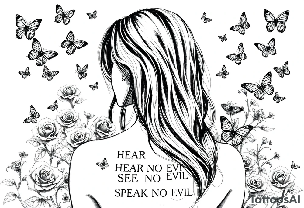 A women with long flowing hair facing foward i. A garden full 9f beautiful roses and flowers that are surrounded by medium butterflies small butterflys and even smaller butterflies that is telling us HEAR NO EVIL SEE NO EVIL SPEAK NO EVIL tattoo idea