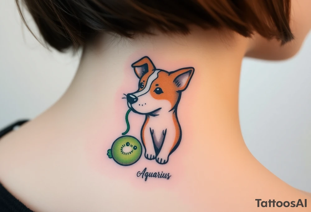 One line tattoo of female dog with white strip going up dog’s snout slightly off centered. With  toy and the dogs tongue slightly out and the name kiwi and an Aquarius them to it . Just the colors black  white brown and green tattoo idea