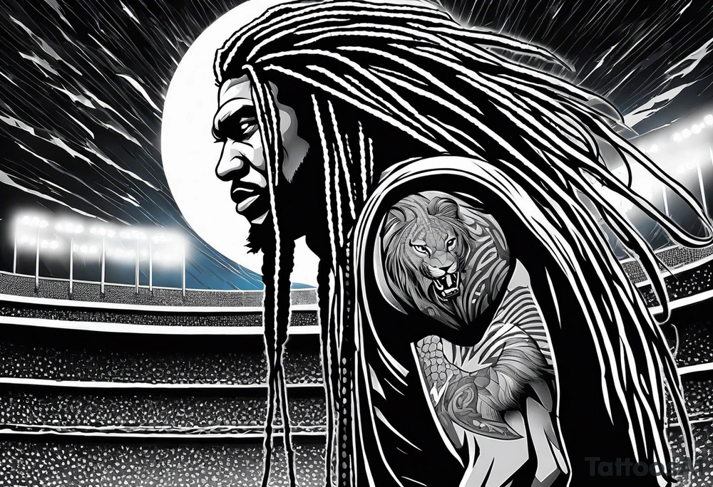 blue wildcat with long dreads under stadium football lights with a snarl on his face standing on a hill looking down at all his defeated opponents tattoo idea