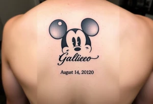 mickey mouse symbol with the name Galileo and the date August 14,2020, incorporated tattoo idea