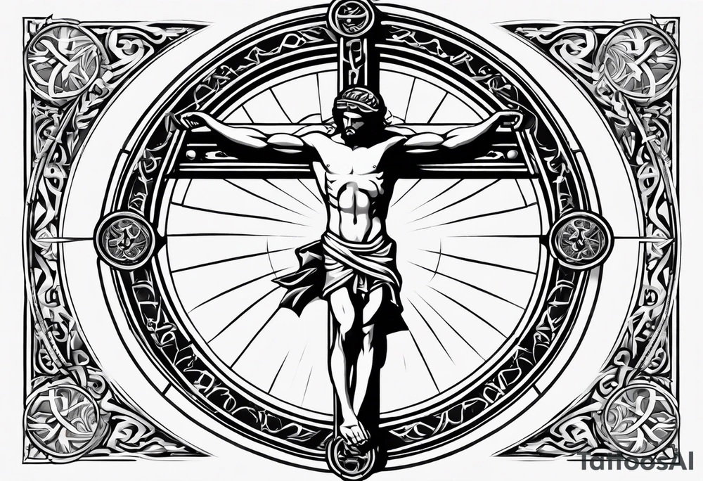 Crucified man inside a circle of Roman numerals tattoo idea