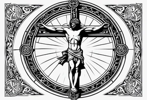 Crucified man inside a circle of Roman numerals tattoo idea