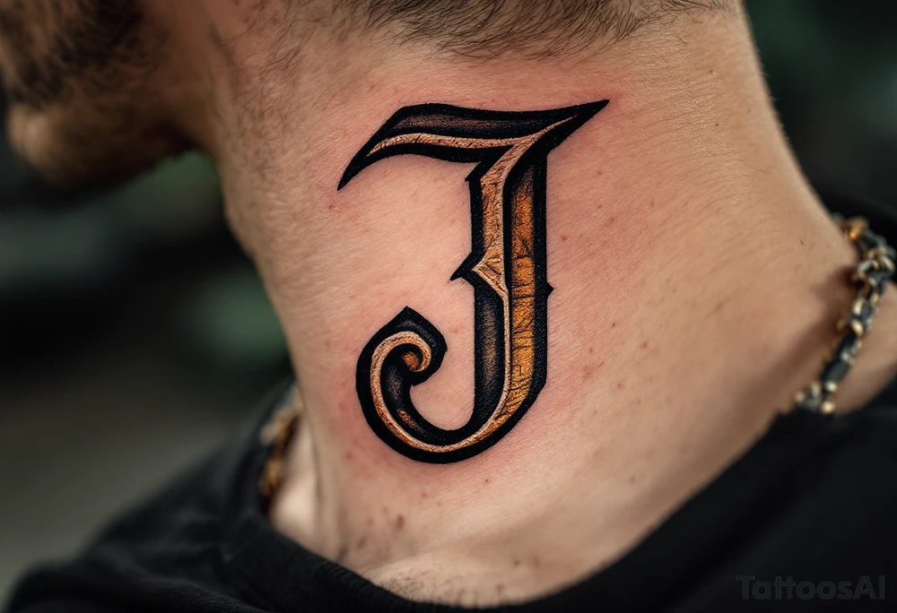 Rustic "J" etched in wood-grain texture with warm brown and amber tones. tattoo idea