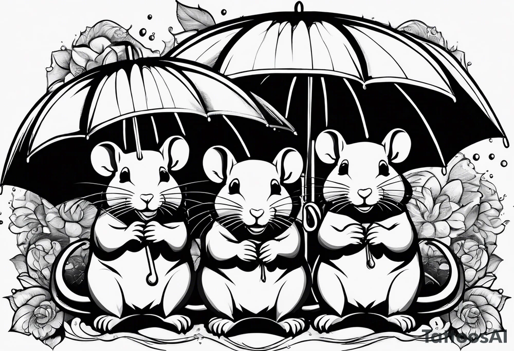 4 rats sat in a line. One rat blowing heart shaped bubbles, one using a sunflower as an umbrella, one leading its head on another’s shoulder and one reading tattoo idea