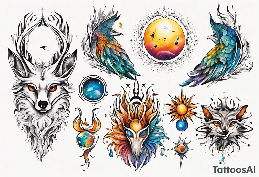 fisch, fuchs und eule , symetrie  sonne, universum, bunt, " sapere aude" tattoo idea
