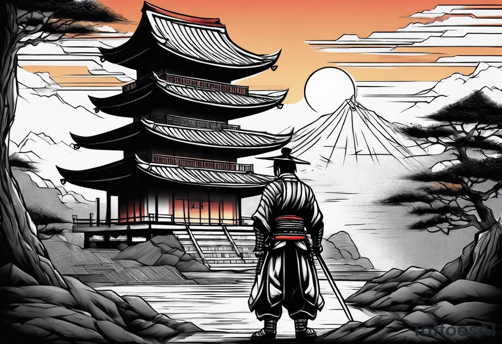 Samurai standing next to a temple with a sunset behind him tattoo idea Samurai standing next to a temple with a sunset behind him tattoo idea