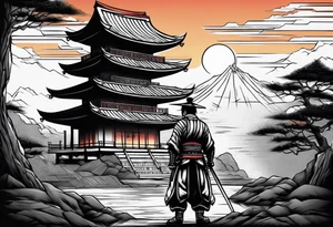 Samurai standing next to a temple with a sunset behind him tattoo idea