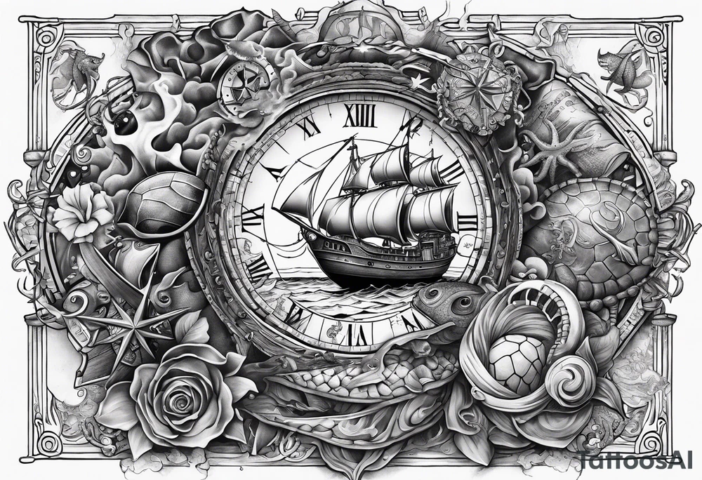 Nautical theme leg tattoo with shark, turtle, treasure map, compass, octopus, bell diver tattoo idea