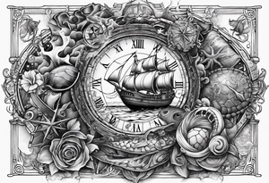 Nautical theme leg tattoo with shark, turtle, treasure map, compass, octopus, bell diver tattoo idea