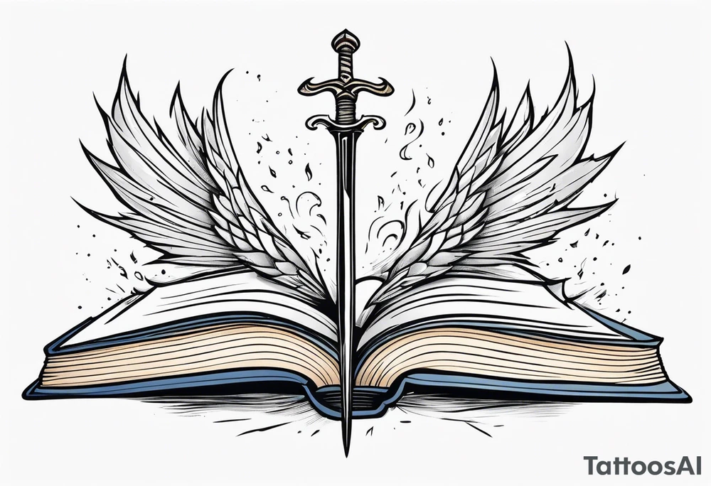 an empty open book with a sword through it, dragonwings and sparks surrounding the book. small design tattoo idea