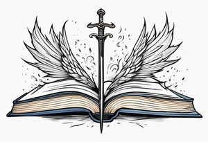 an empty open book with a sword through it, dragonwings and sparks surrounding the book. small design tattoo idea