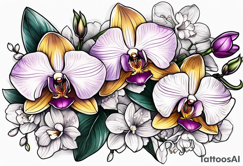 Orchid and wildflowers tattoo idea