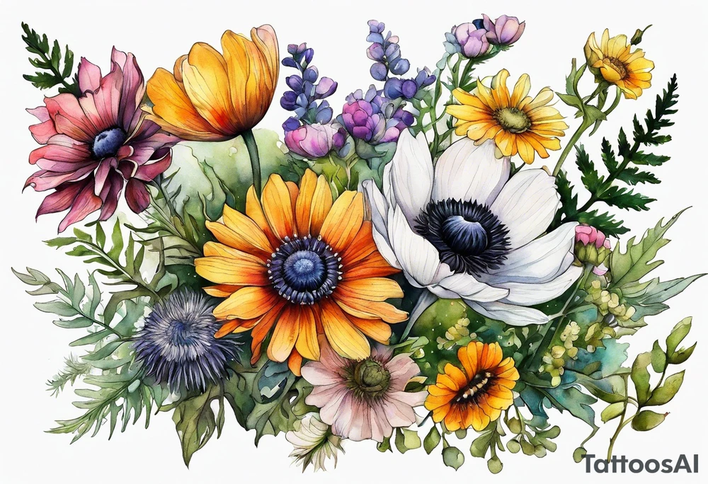 wildflowers with thistles, ferns, ranuculus, white anemones with black center, sun flowers, mixed color flowers and different shapes all in watercolor tattoo idea