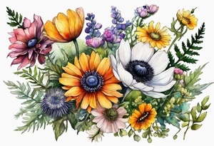 wildflowers with thistles, ferns, ranuculus, white anemones with black center, sun flowers, mixed color flowers and different shapes all in watercolor tattoo idea