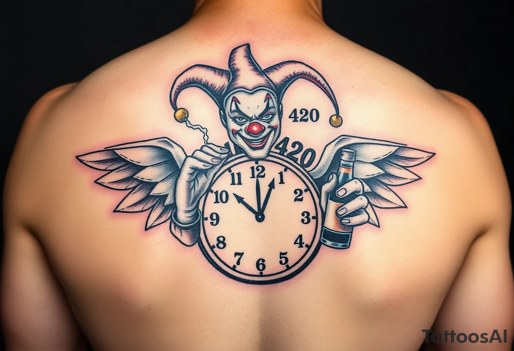 a jester clown coming out of smoke with a  clock, the time says 420,  with two open wings besides the clock, smoke as the spring rising from the clock, a jester clown coming out the smoke, smoking in one hand with a liquor bottle on the other hand tattoo idea