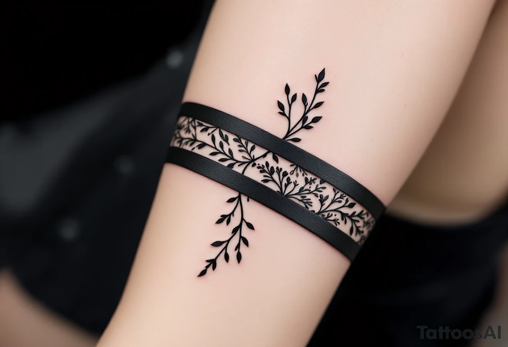 A bold black stripe running along the forearm, featuring geometric cutouts that reveal intricate floral and vine patterns underneath. The contrast between solid black and negative space creates a modern, abstract effect, symbolizing strength and hidden depth. tattoo idea