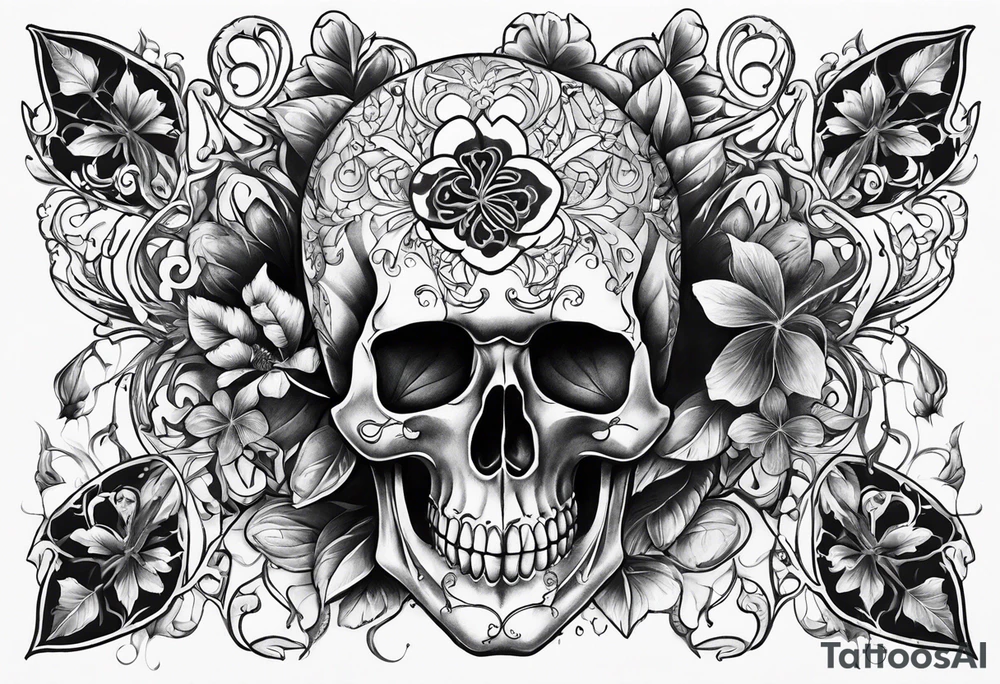full chest tattoo with 4 leaf clover and skull inside tattoo idea