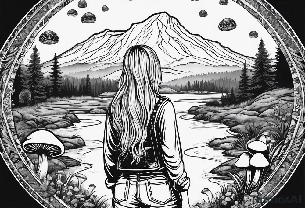 Whole picture encircled fully

Straight long blonde hair hippie girl in distance holding mushrooms in hand facing away toward mountains and creek surrounded by mushrooms long sleeve shirt and hiking pants; whole rendering within a full circle, no cut off circle tattoo idea