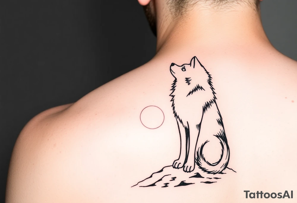 smALL HUSKY LOOKING AT A TRIBAL MOON STANDONG IN THE SAND tattoo idea