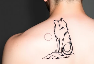 smALL HUSKY LOOKING AT A TRIBAL MOON STANDONG IN THE SAND tattoo idea