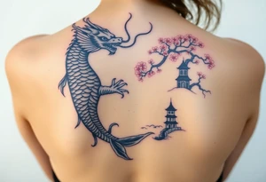 Dragon, coi fish, cherry blossom tree, ying yang, light house, landscape, water tattoo idea