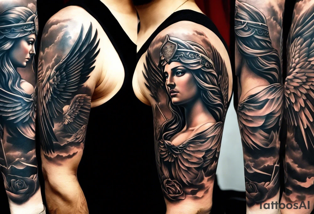 A full tattoo sleeve inspired by Greek mythology, featuring a powerful and masculine design. The sleeve includes a depiction of the Greek goddess Athena, portrayed with a strong and authoritative presence, symbolizing wisdom and strength. However, she is not the main focal point. The centerpiece is a dramatic image of a fallen angel, wings outstretched as it descends, symbolizing struggle and redemption. The design is bold, with sharp contrasts and clean lines, emphasizing the dynamic movement of the falling angel. Surrounding these figures, incorporate a mandala effect with geometric patterns that add a sense of order amidst the chaos. Additional elements such as an owl with fierce eyes, a warrior's helmet, and olive branches are woven throughout, adding depth and reinforcing the mythological theme. The overall aesthetic is intense and rugged, blending elements of power, wisdom, and fallen glory into a cohesive, masculine design. tattoo idea
