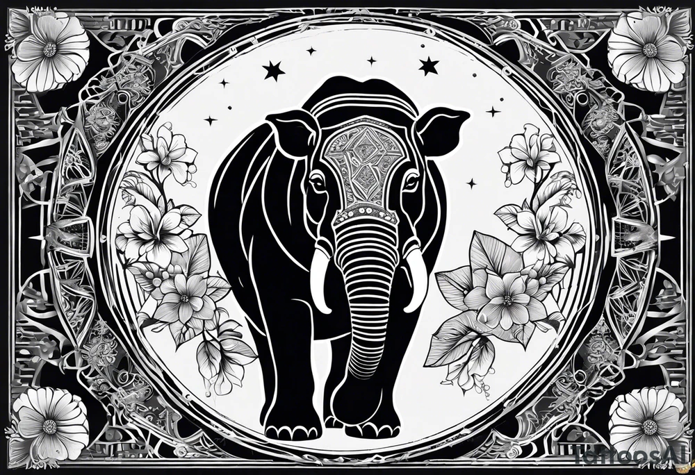A foot long 2.5inches wide portrait orientation tattoo, containing a detailed hippo head with tribal patterns in the middle, a full moon on the upper side, and some wintersweet flowwer on the bottom side, these three components are connected with arches, lines, little geometric patterns, the lines will ne fine and narrow tattoo idea