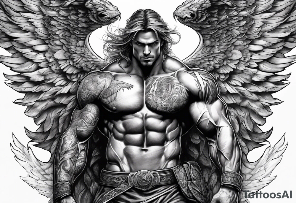 Micheal arc angel huntched over killing demons super muscular tattoo idea