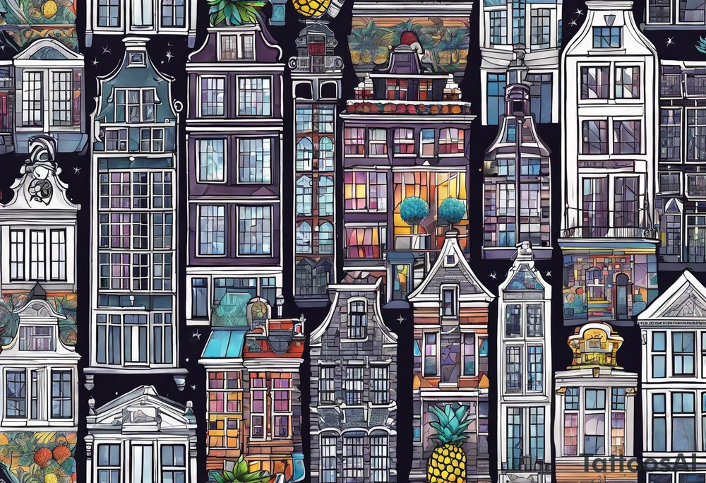Amsterdam buildings and canal featuring animals in galaxy colours featuring glass pineapples tattoo idea