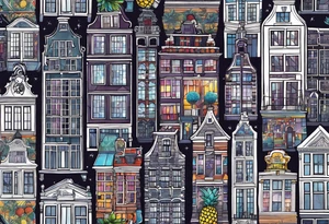 Amsterdam buildings and canal featuring animals in galaxy colours featuring glass pineapples tattoo idea