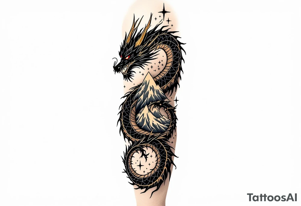 A black ink dragon with red eyes and golden claws, coiled around a mountain peak, representing power and wisdom. tattoo idea