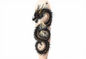 A black ink dragon with red eyes and golden claws, coiled around a mountain peak, representing power and wisdom. tattoo idea
