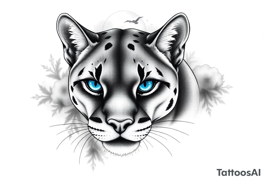 The puma should look strong, elegant, and slightly mysterious.

I want it to have striking, deep blue eyes – that’s an important feature.

Style: I’m open to realism or slightly stylized, but it should still look powerful and beautiful.

The expression should show confidence or calm focus – not aggressive, but alert and intelligent.

Background: Can be minimal or with subtle nature elements (like mist, forest shadows, or moonlight) – nothing too busy.

I’d like the overall composition to feel balanced and meaningful, something that represents inner strength and independence. tattoo idea