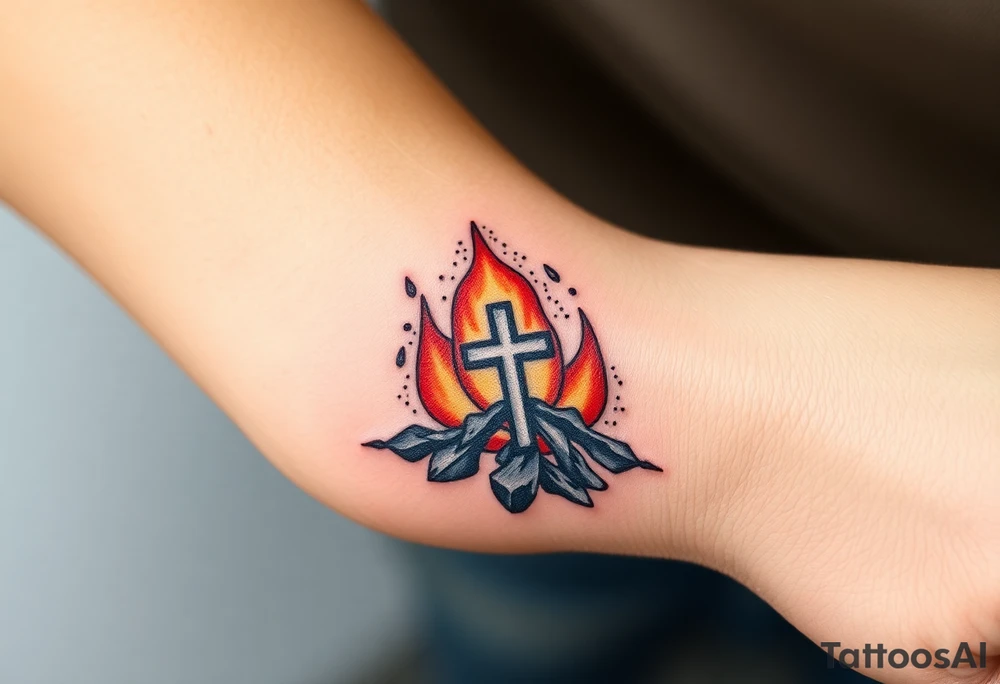 Campfire with a cross hidden in the flames tattoo idea