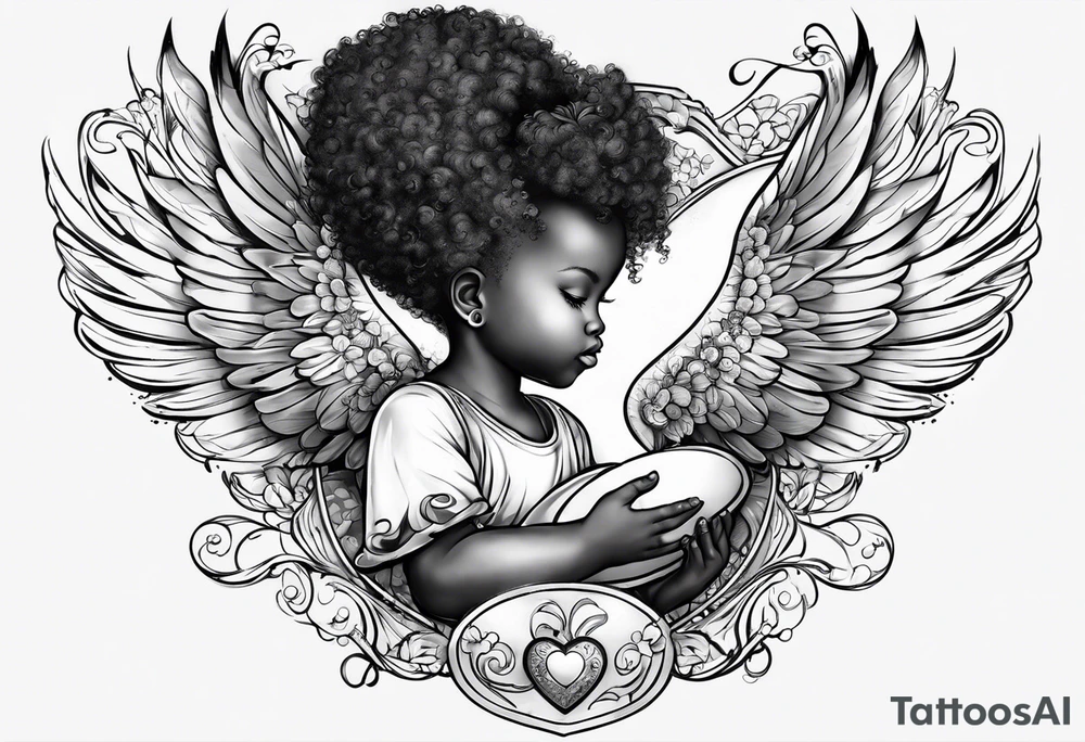 Baby Afro/metiss Angel holding heart, side way flying with name Leah. For chest tattoo on left pec tattoo idea
