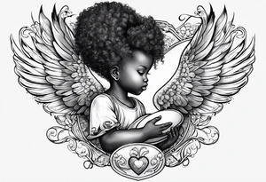 Baby Afro/metiss Angel holding heart, side way flying with name Leah. For chest tattoo on left pec tattoo idea