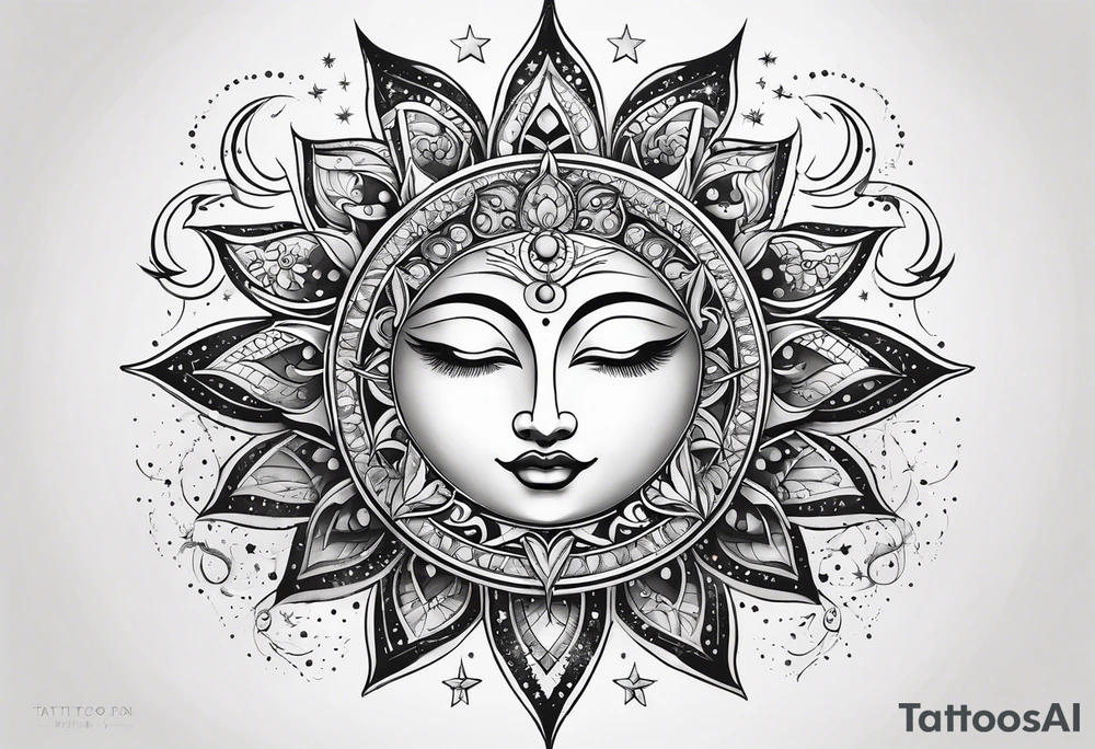 Feminine Sun and moon. long rectangular sternum swirls with dots and stars tattoo idea