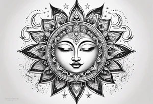 Feminine Sun and moon. long rectangular sternum swirls with dots and stars tattoo idea